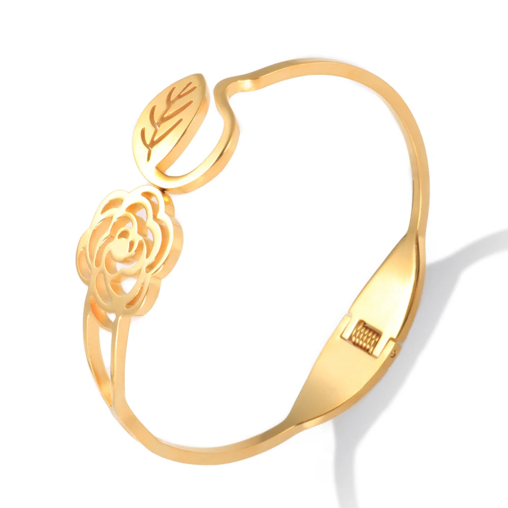 Hollow Rose Flower Opening Bangle Engraved Leaf Shape Bracelet Jewelry - Guangzhou Mingshixuan Jewellery CO.,Ltd