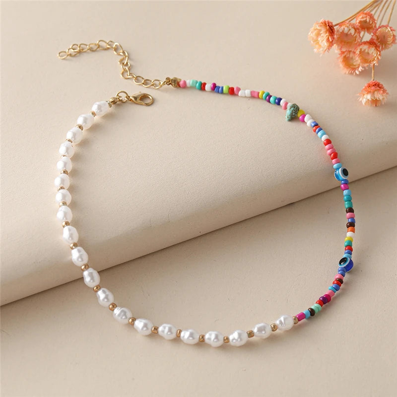 Boho Multilayer Colorful Beaded Necklace for Women Rose Eye Asymmetric Pearl Beads Choker Necklace Female Y2K Jewelry