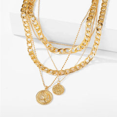 Punk Gold Color Portrait Coin Pendant Necklace For Women Multilayered Chunky Thick Chain Choker Necklaces Gothic Jewelry