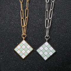 Rhombus Epoxy Enamel Pendant Necklace Brooch Checkerboard Jewelry Set - Guangzhou Mingshixuan Jewellery CO.,Ltd