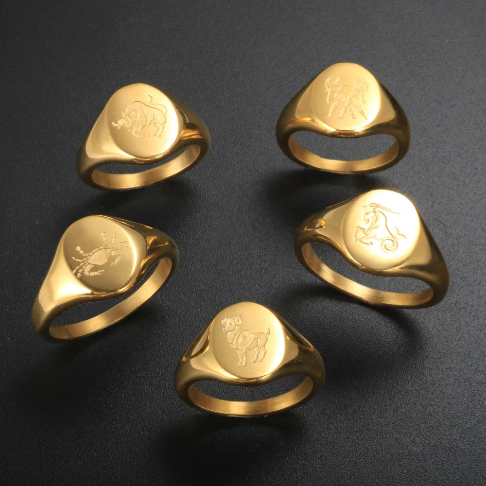 12 Zodiac Rings Aries Taurus Gemini Cancer Virgo Libra Customized Engraved Signet Rings - Guangzhou Mingshixuan Jewellery CO.,Ltd