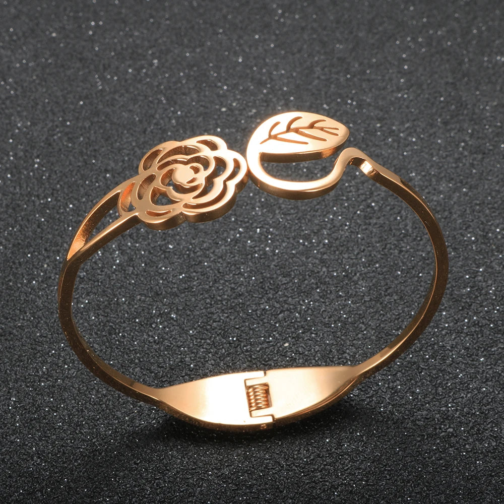 Hollow Rose Flower Opening Bangle Engraved Leaf Shape Bracelet  Jewelry - Guangzhou Mingshixuan Jewellery CO.,Ltd