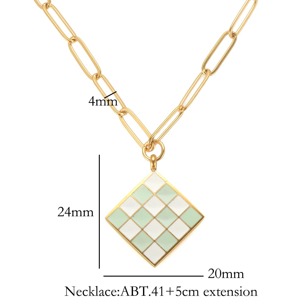 Rhombus Epoxy Enamel Pendant Necklace Brooch Checkerboard Jewelry Set - Guangzhou Mingshixuan Jewellery CO.,Ltd