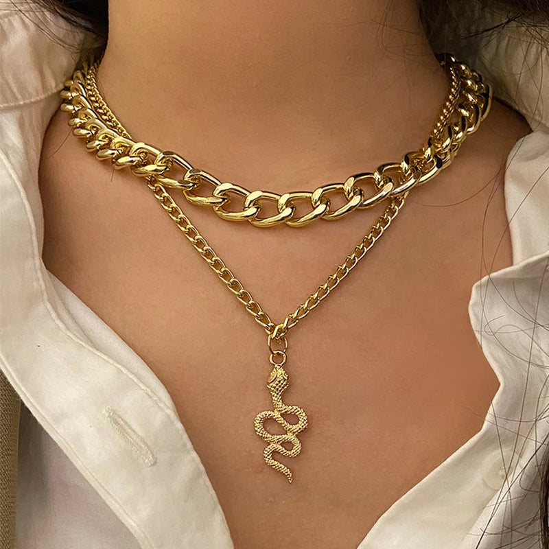 Punk Multi Layered Gold Color Chunky Chain Choker Necklace For Women Fashion Irregular Round Pendant Necklace Trend Jewelry