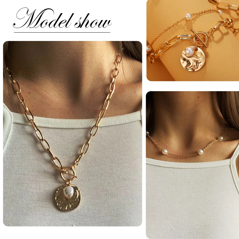 Punk Coin Chain Necklace for Women 2Pcs/set Gold Color Pearl Bead Choker Gothic Multilayer Pendant Necklaces Jewelry Party