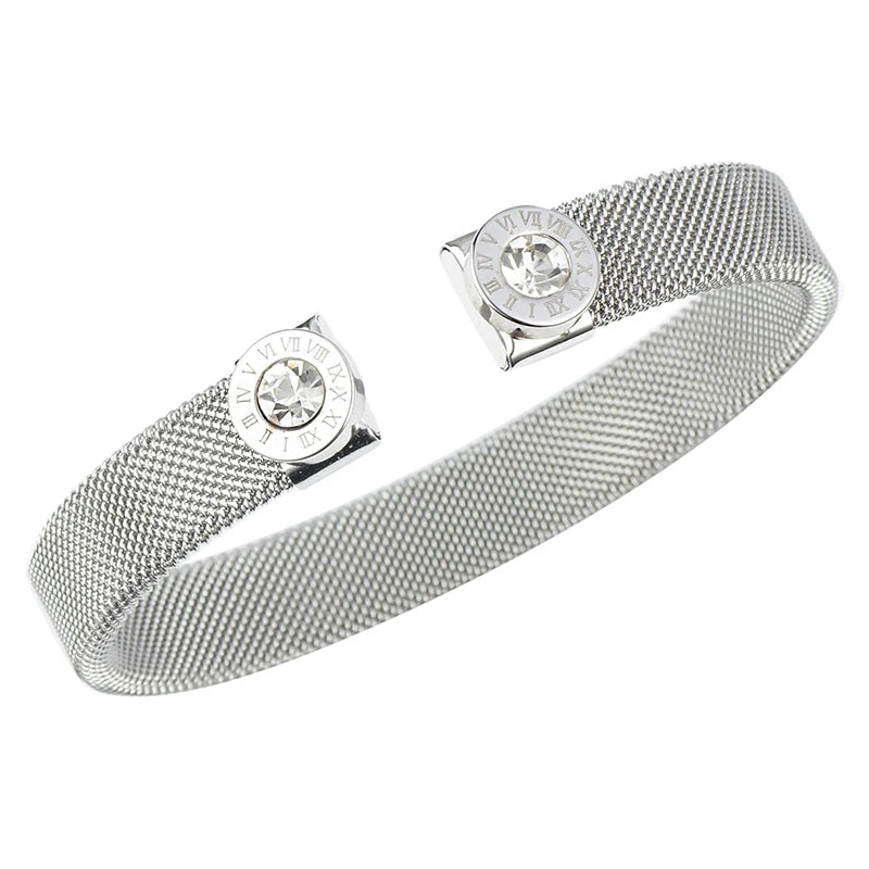 Stainless Steel Cuff Bangles CZ Roman Letter Jewelry Gift