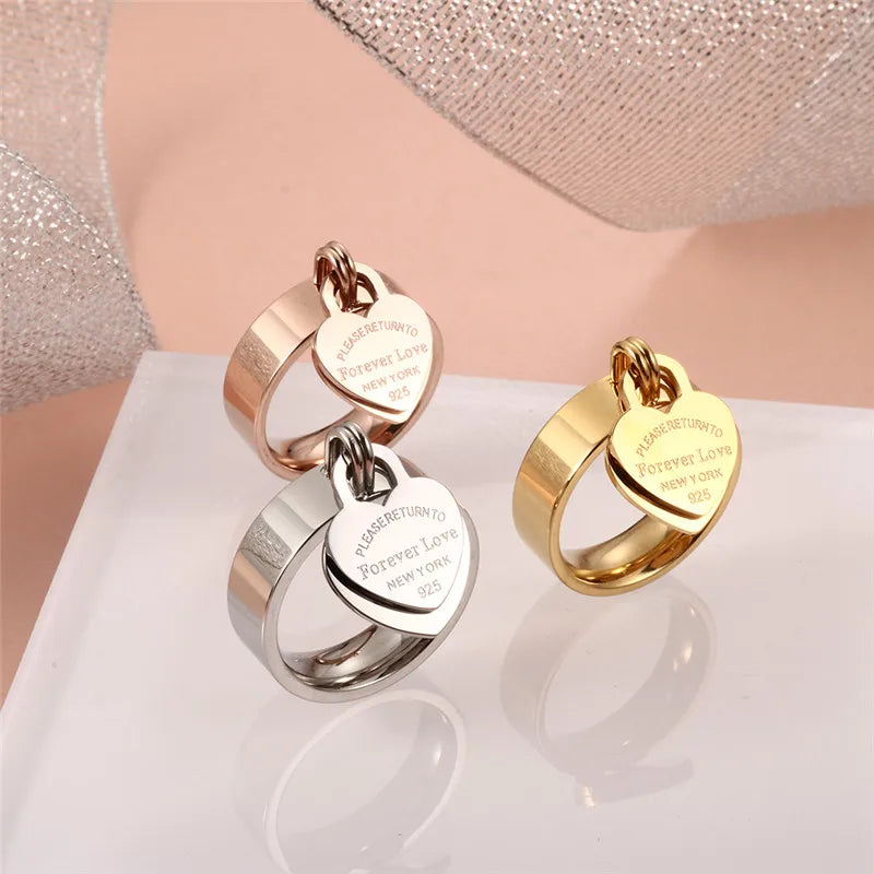 Female Love Pendant Ring Charm Double Hearts Rings Luxury Jewelry Stainless Steel Gold Plating Size 6-10 - Guangzhou Mingshixuan Jewellery CO.,Ltd