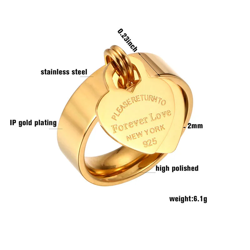 Female Love Pendant Ring Charm Double Hearts Rings Luxury Jewelry Stainless Steel Gold Plating Size 6-10 - Guangzhou Mingshixuan Jewellery CO.,Ltd