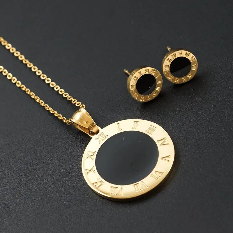 Black Round Roman Numerals Pendant Necklace Earrings Jewelry Set - Guangzhou Mingshixuan Jewellery CO.,Ltd