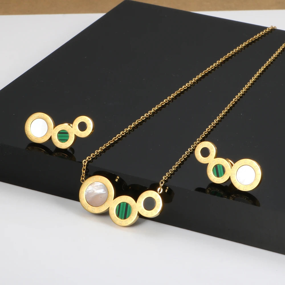 Roman Numeral Jewelry Sets Malachite Black/White Stud Earring & Necklace & Ring - Guangzhou Mingshixuan Jewellery CO.,Ltd