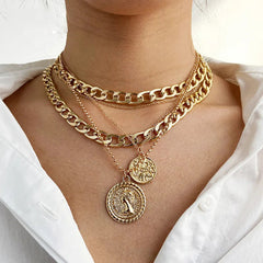 Punk Gold Color Portrait Coin Pendant Necklace For Women Multilayered Chunky Thick Chain Choker Necklaces Gothic Jewelry