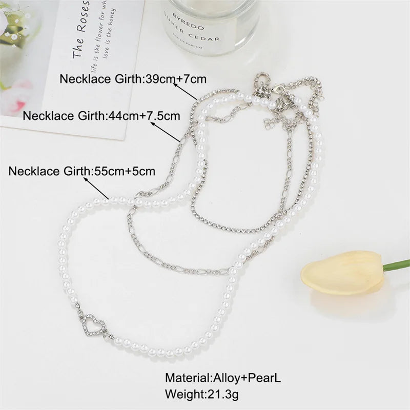 Fashion Silver Color Heart Chain Necklaces for Women Mutilayered Adjustable Choker Pearl Necklace 2023 New Trend Jewelry