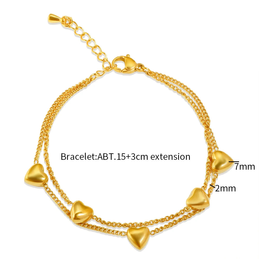 Gold Color Three-dimensional Heart-shaped Double Chain Bracelet Exquisite Jewelry