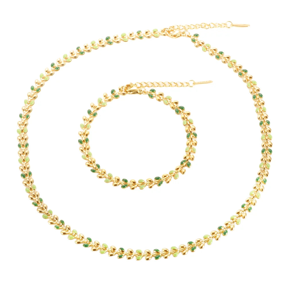 Necklace Bracelet Set 18K Gold Plated Green Drip Oil Olive Leaves Jewelry - Guangzhou Mingshixuan Jewellery CO.,Ltd