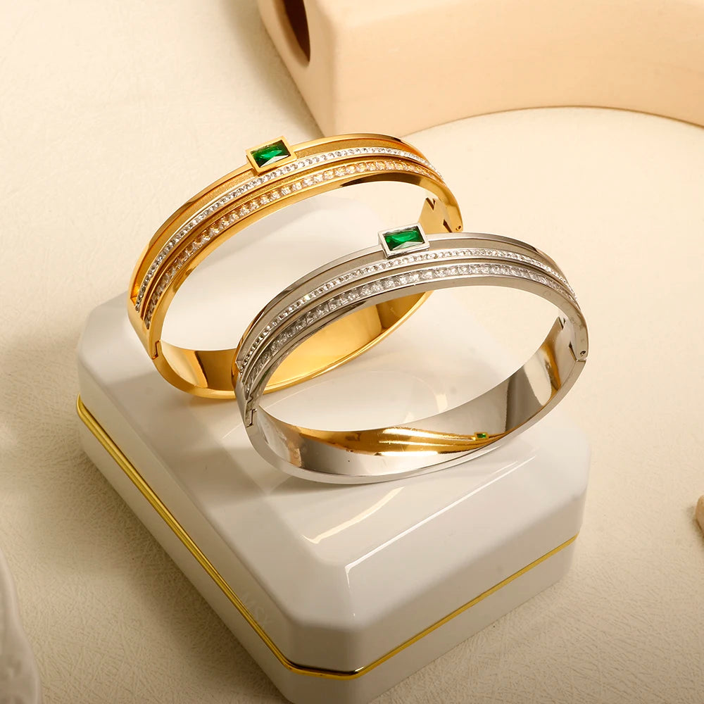 Green White Rhinestone Deluxe Wide Bangle - Guangzhou Mingshixuan Jewellery CO.,Ltd