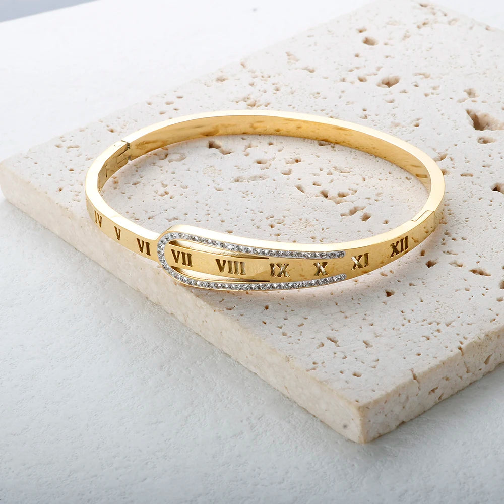 Crystal Zipper Design Bangle Hollow Roman Numerals Rhinestone Bracelets Jewelry - Guangzhou Mingshixuan Jewellery CO.,Ltd