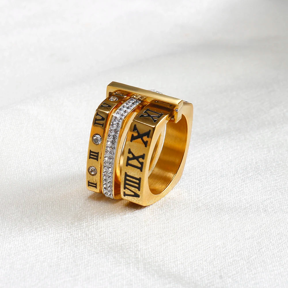 Three Layers Roman Numerals Square Luxury Stainless Steel Inlaid Zircon Finger Rings