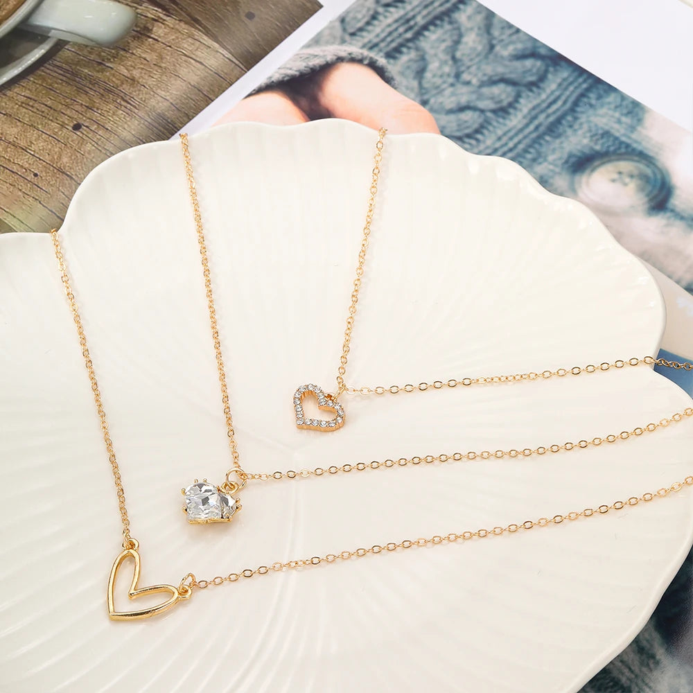 Zircon Heart Pendant Necklaces for Women Girls Gold Color Multilayer Clavicle Chain Necklaces New Fashion Trendy Jewelry