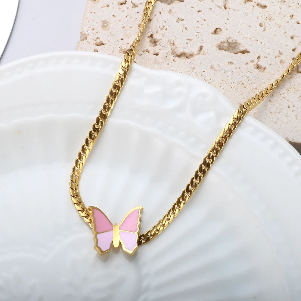 Stainless Steel Green Pink Butterfly Cuban Chain Necklace Jewelry Gift