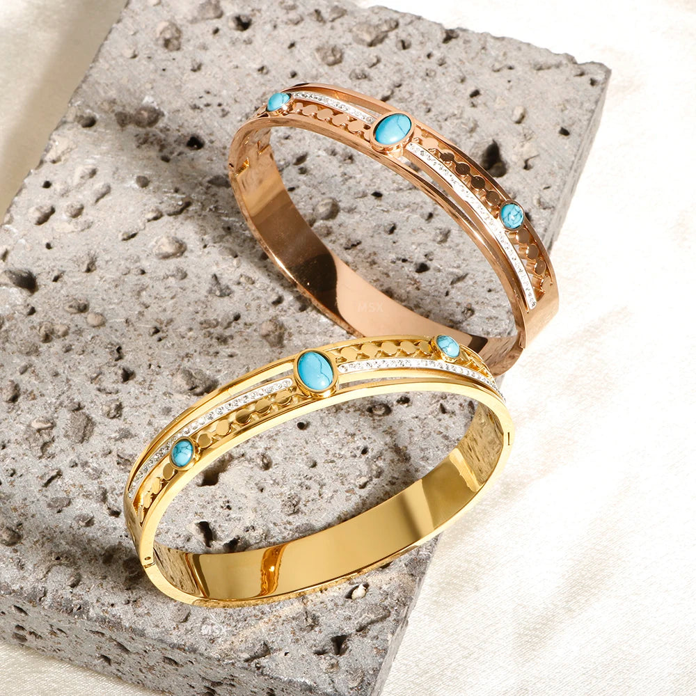 Trendy Bracelet Irregular Round Turquoise Crystal Bangle Waterproof Stainless Steel Gold Color Jewelry - Guangzhou Mingshixuan Jewellery CO.,Ltd