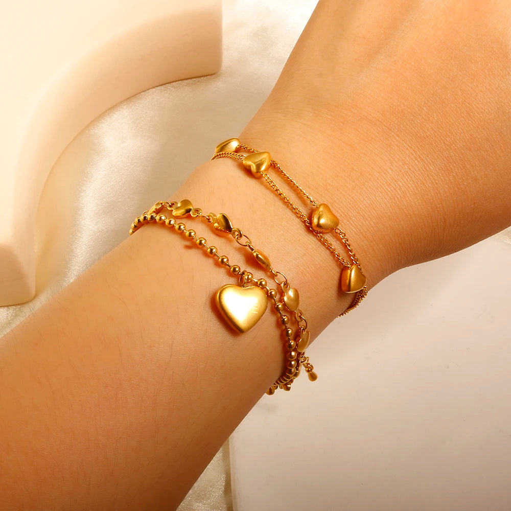 Gold Color Three-dimensional Heart-shaped Double Chain Bracelet Exquisite Jewelry