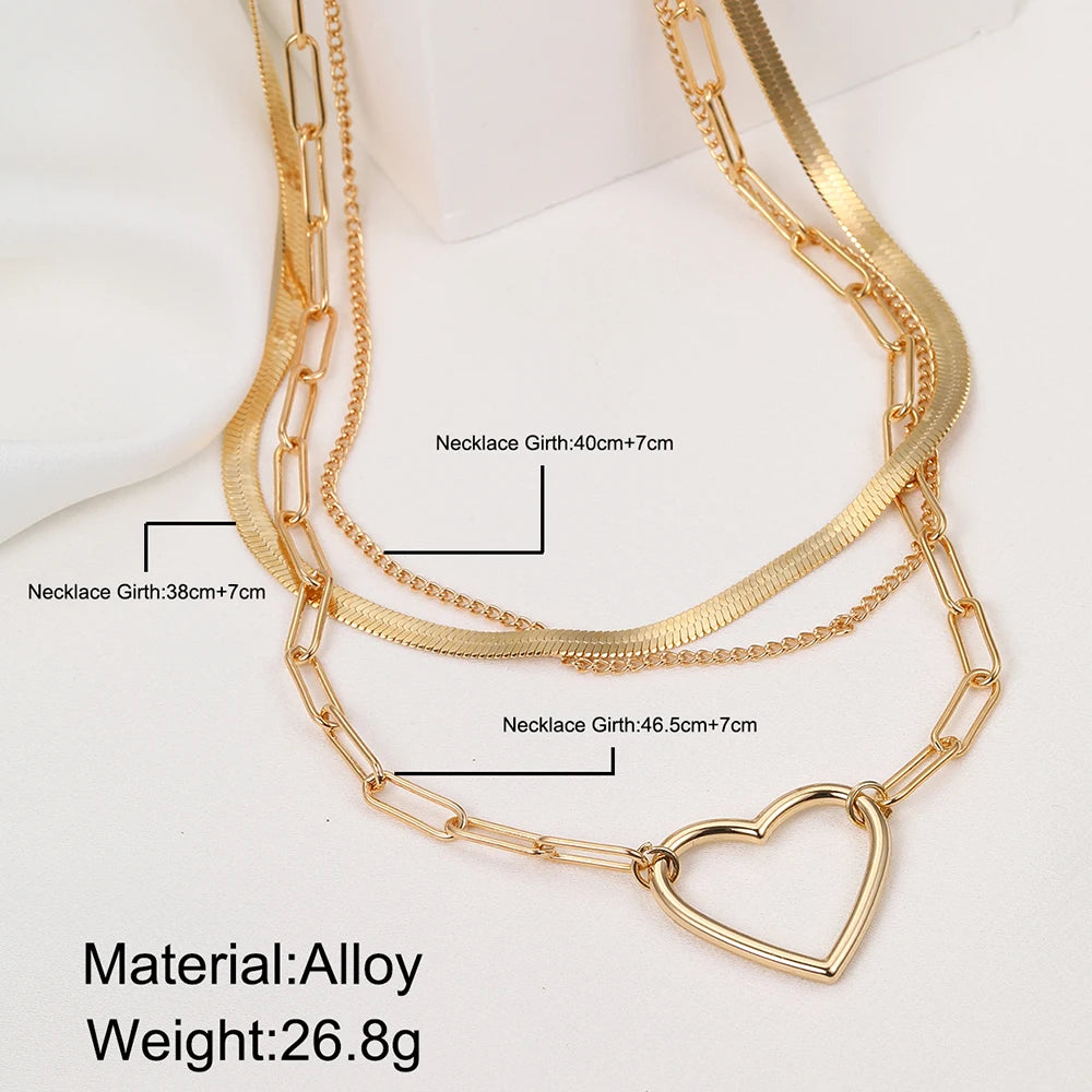 Fashion Heart Necklace Gold Color Multilayer Clavicle Chain for Women Girls Pole-Chain New Trend Jewelry Party Gifts Trendy