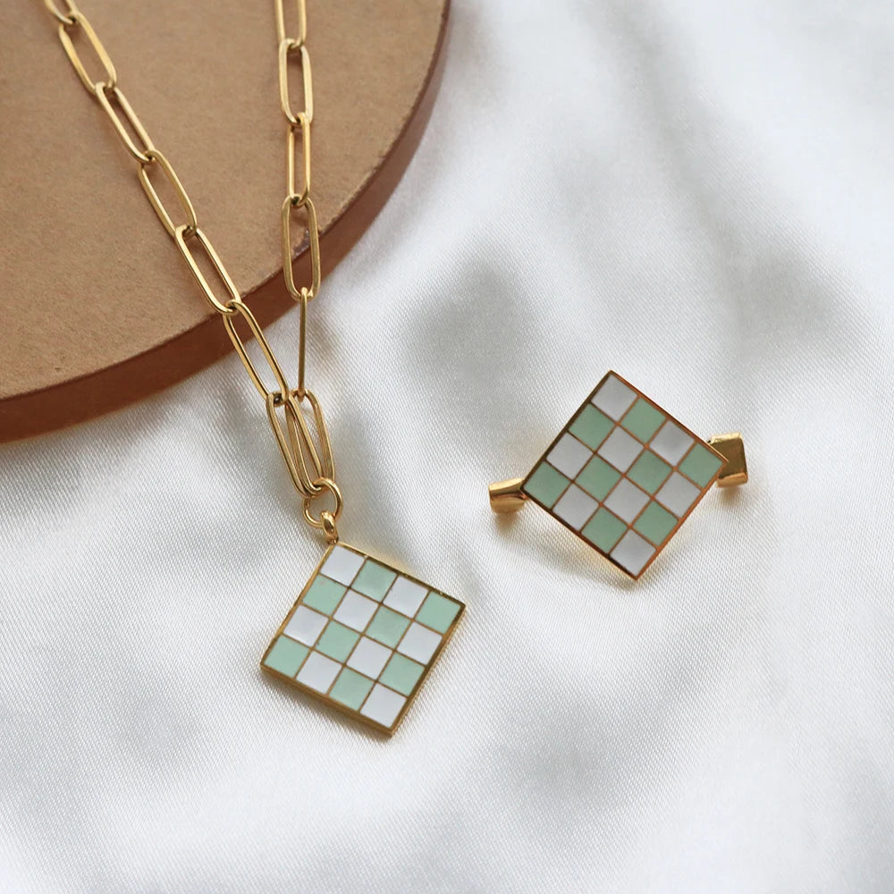 Rhombus Epoxy Enamel Pendant Necklace Brooch Checkerboard Jewelry Set - Guangzhou Mingshixuan Jewellery CO.,Ltd