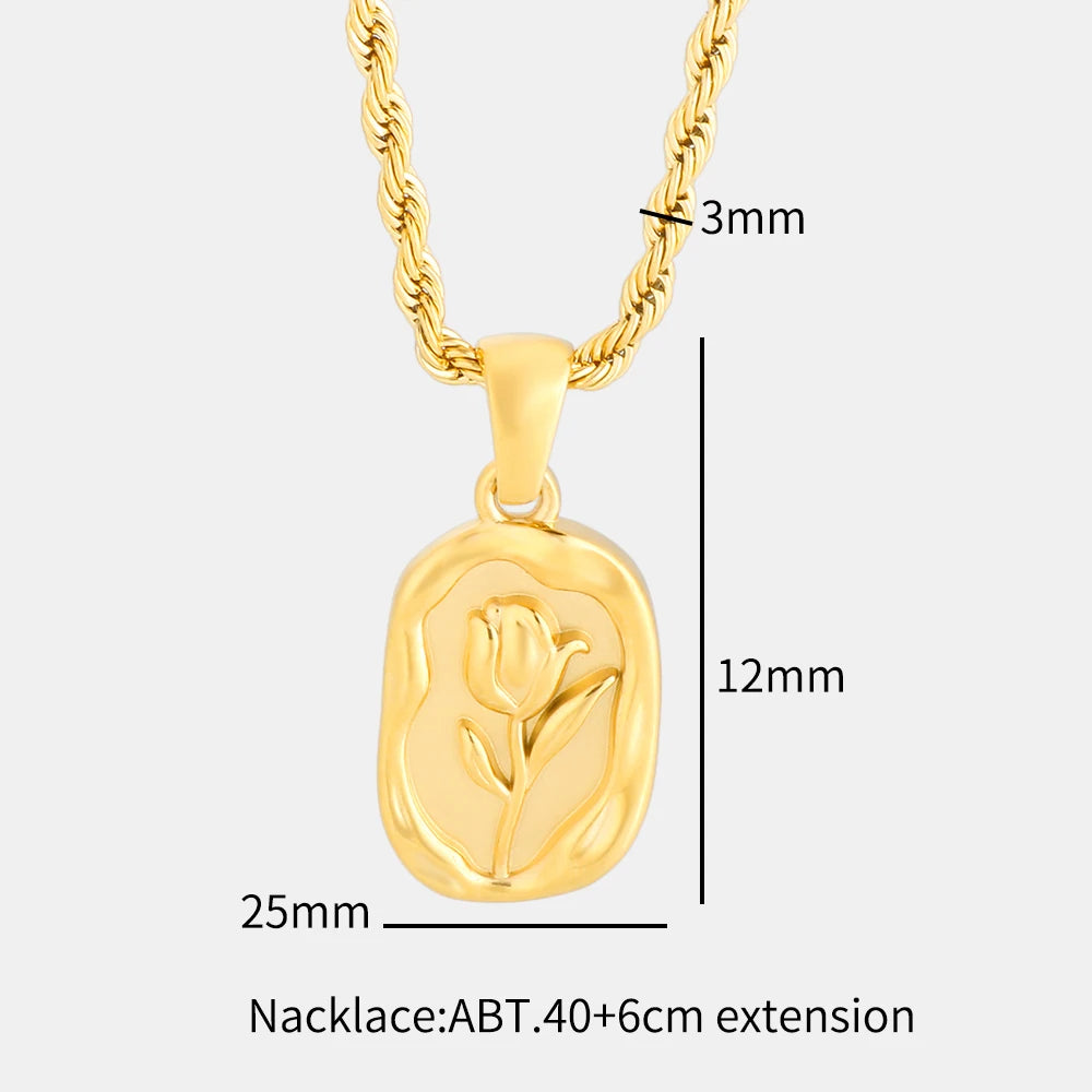 Square Rose Pendant Necklace Fashion Stainless Steel Carved Metal Waterproof Charm Chain Necklace - Guangzhou Mingshixuan Jewellery CO.,Ltd