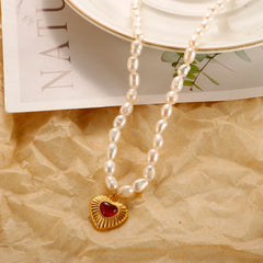 Natural Freshwater Pearl Necklace Big White Beads Choker Crystal Heart Pendant Jewelry