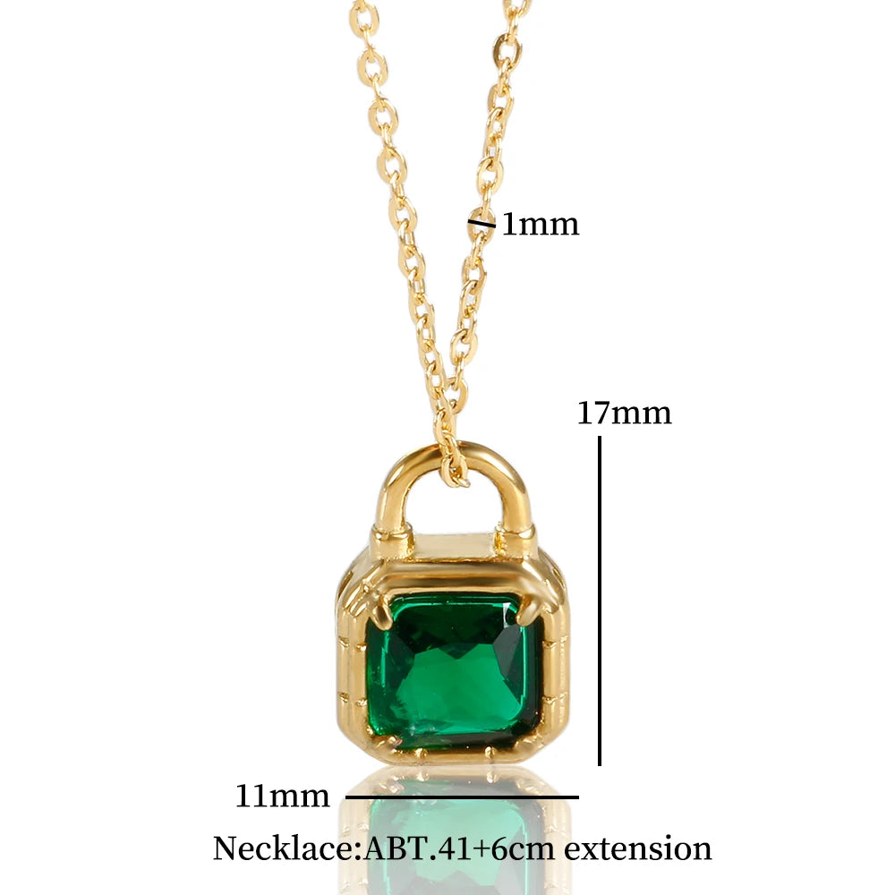 Lock Cylinder Stainless Steel Bling Green Crystal Pendant Necklace