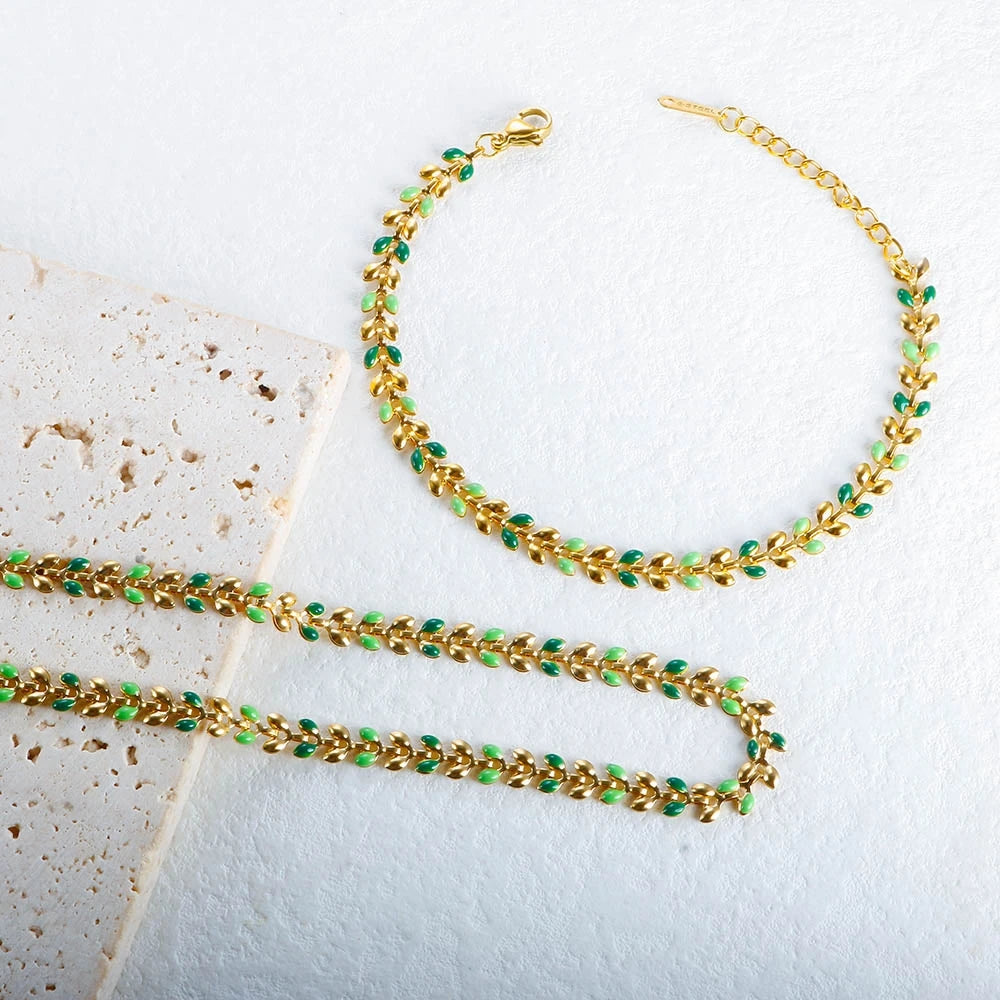 Necklace Bracelet Set 18K Gold Plated Green Drip Oil Olive Leaves Jewelry - Guangzhou Mingshixuan Jewellery CO.,Ltd