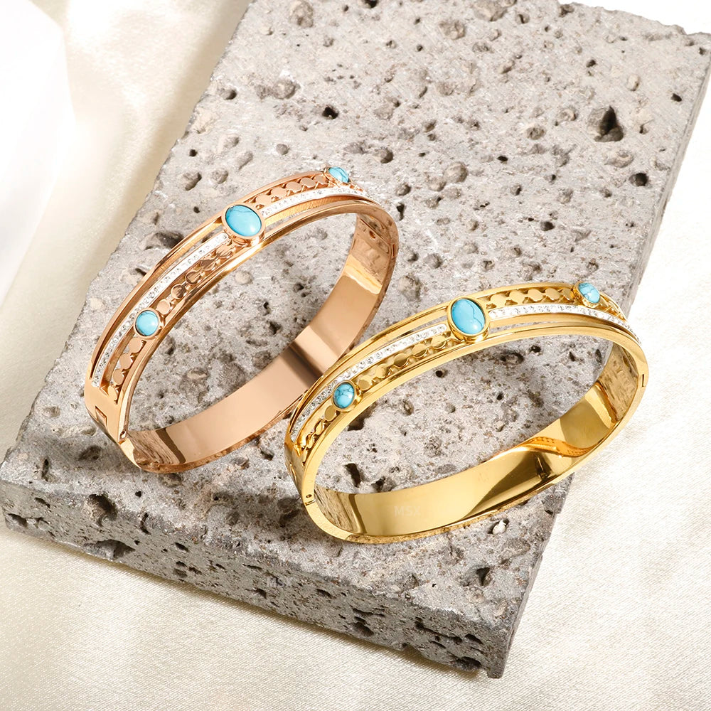 Trendy Bracelet Irregular Round Turquoise Crystal Bangle Waterproof Stainless Steel Gold Color Jewelry - Guangzhou Mingshixuan Jewellery CO.,Ltd