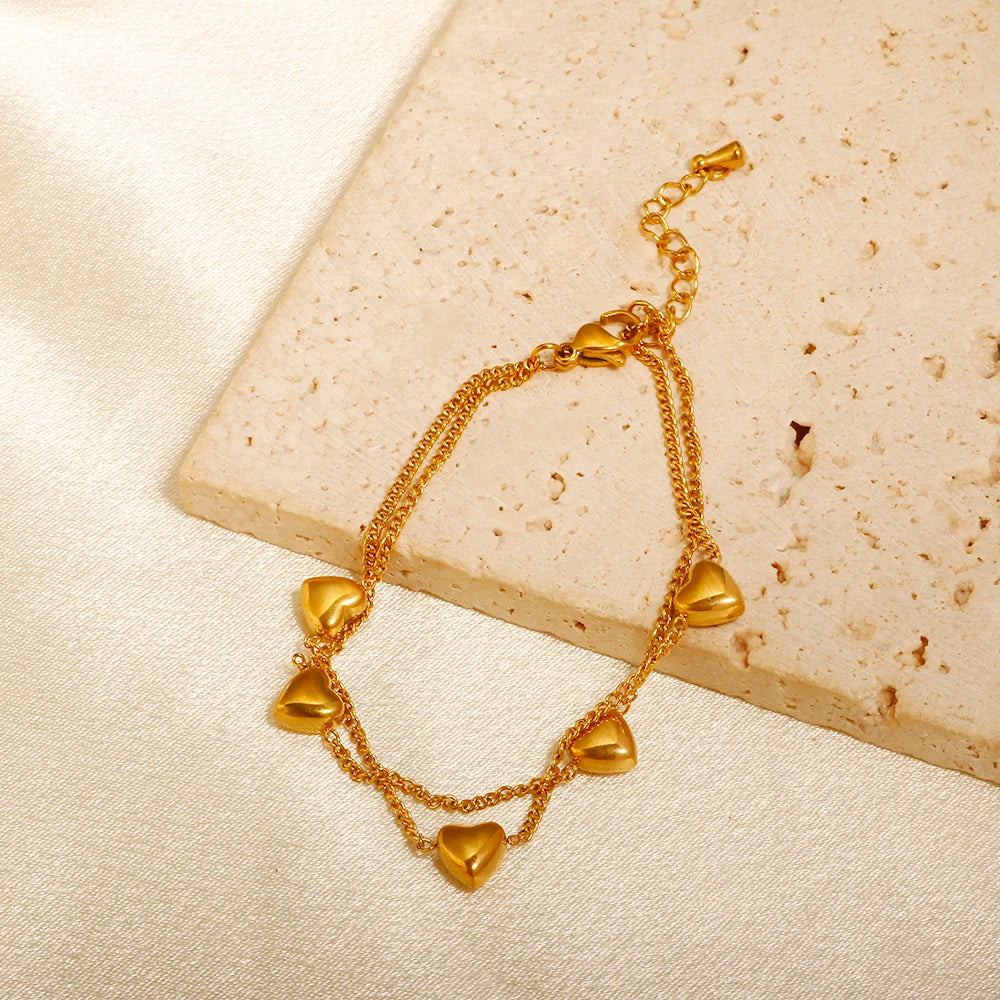 Gold Color Three-dimensional Heart-shaped Double Chain Bracelet Exquisite Jewelry