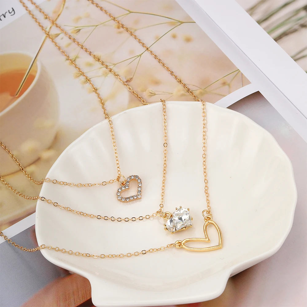 Zircon Heart Pendant Necklaces for Women Girls Gold Color Multilayer Clavicle Chain Necklaces New Fashion Trendy Jewelry