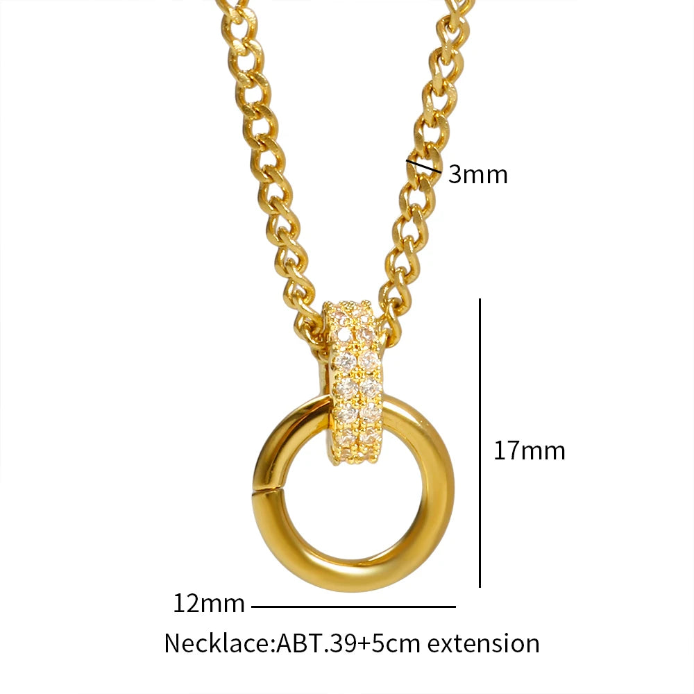 Zirconia Inlaid Luxury Double Round Pendant Stainless Steel Necklace Retro Jewelry