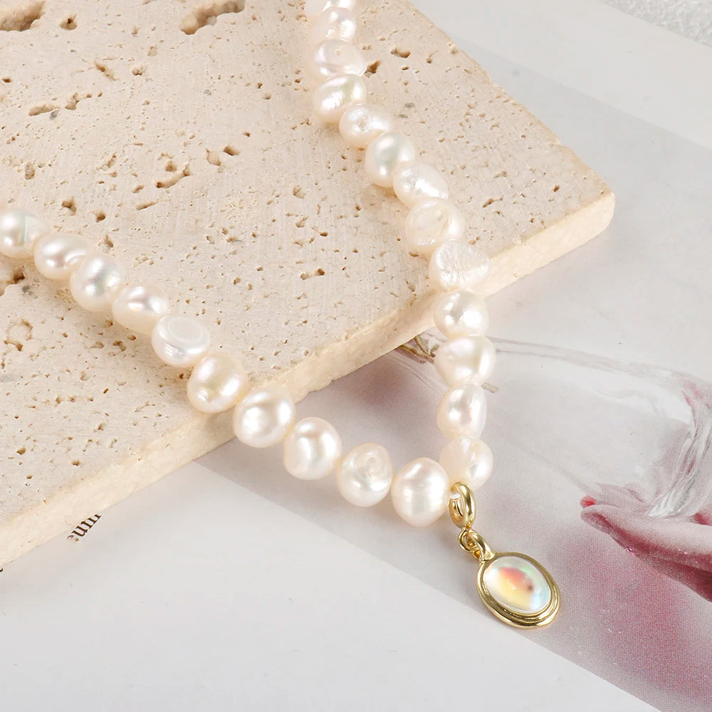 Natural Freshwater Pearl Necklace Moonlight Stone Clavicle Pendant