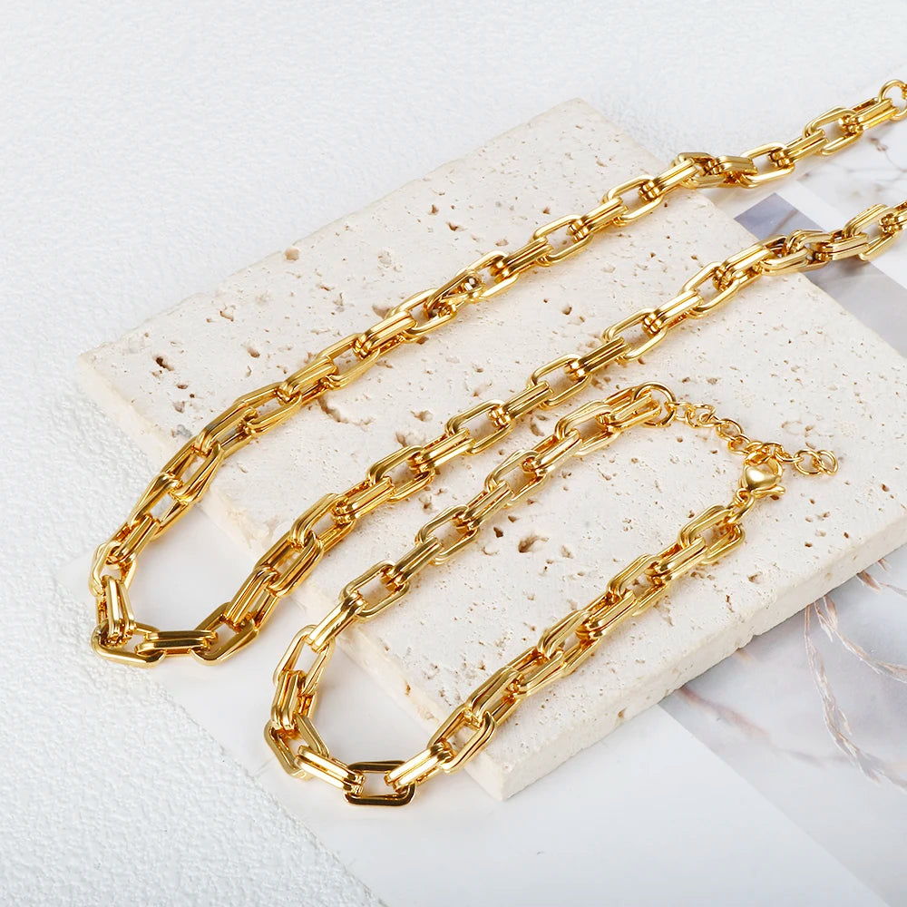 Square Double Layer Stitching Necklace Bracelet Set 18 K Gold Plated Texture Jewelry - Guangzhou Mingshixuan Jewellery CO.,Ltd