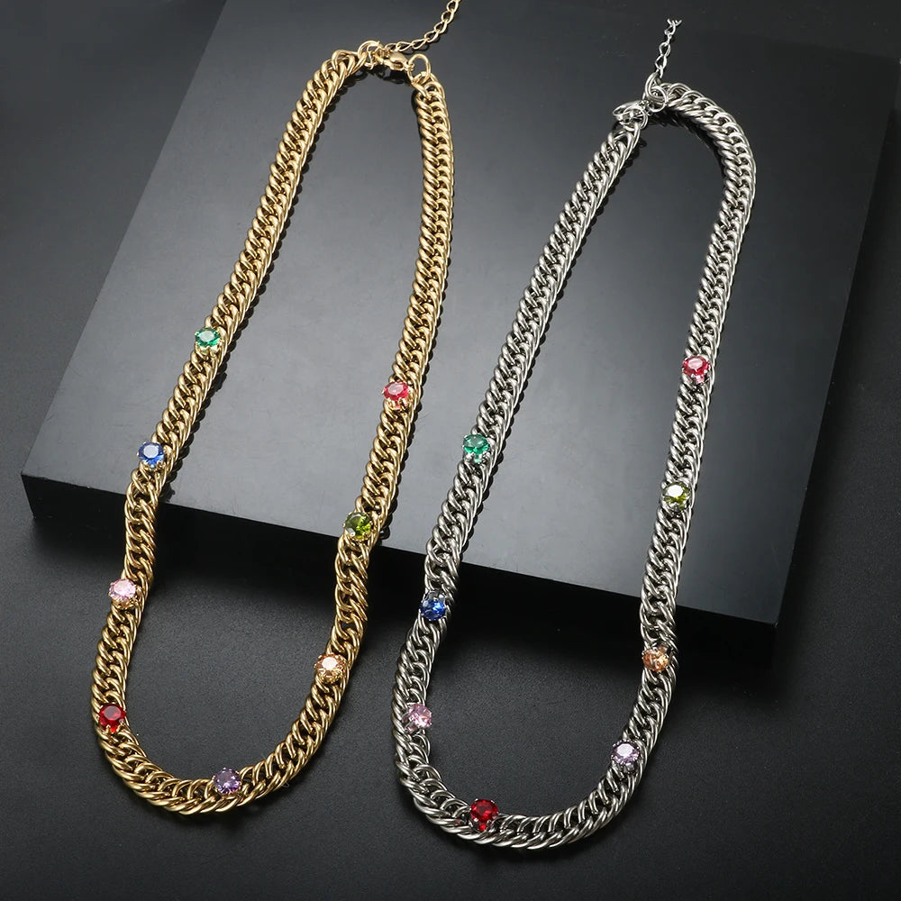 Colorful CZ Jewelry Set Mix Color Zircon Choker Necklace Crystal Link Chain - Guangzhou Mingshixuan Jewellery CO.,Ltd