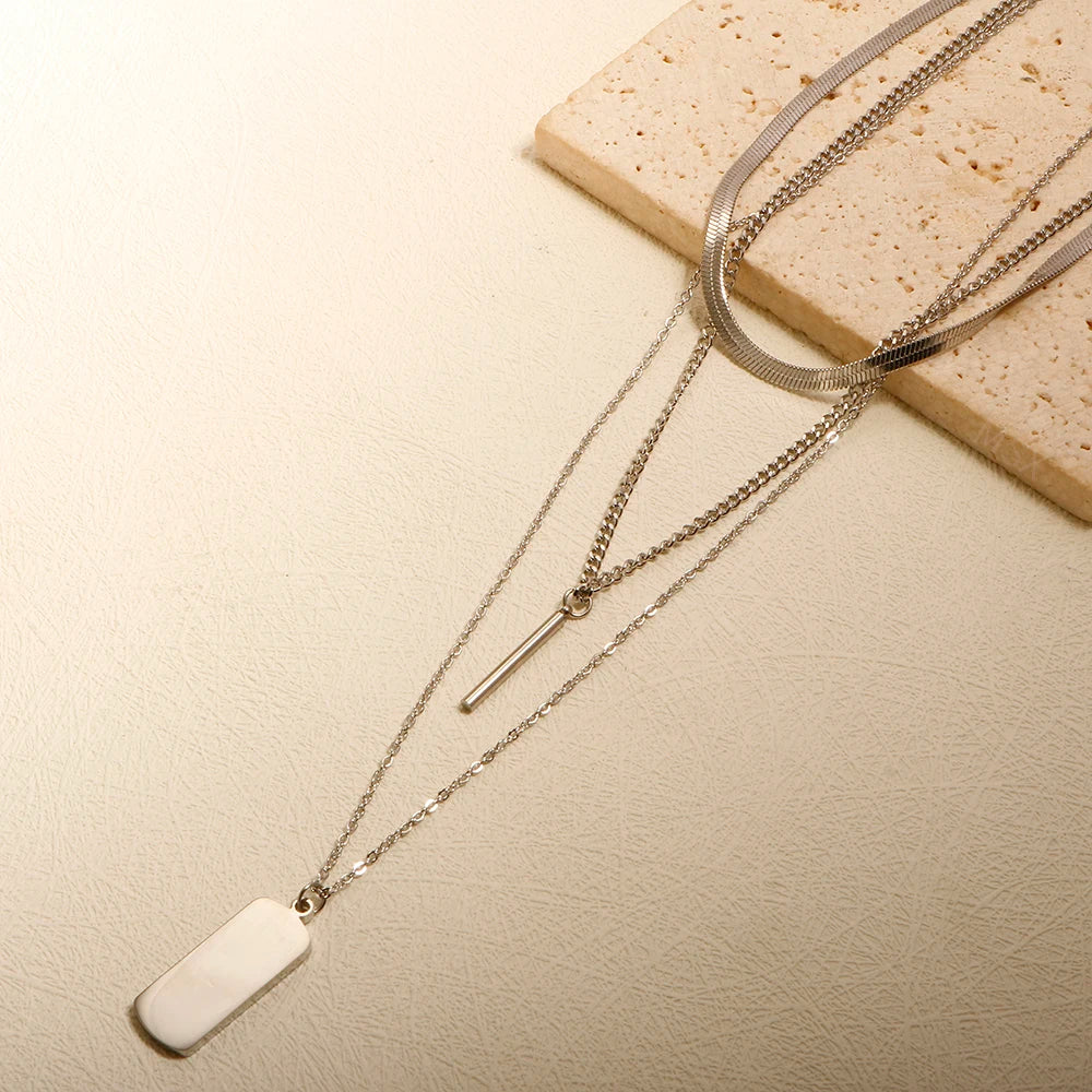 Three layer Necklace Snake Chain Charm Cable Chain Rectangular Board Pendant