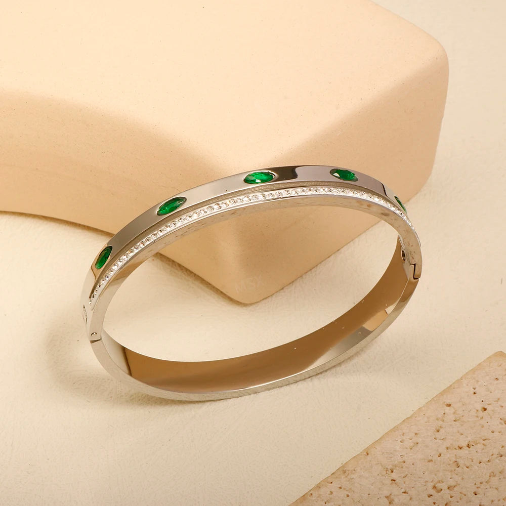 Luxury Green Crystal Inlaid Bracelet Couple Wide Bangle