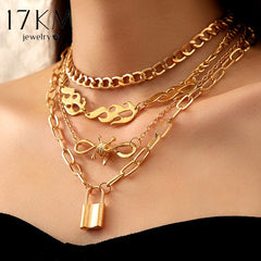 Vintage Gold Plated Necklace Set Bohemian Multilayered Choker for Women Flower Pearl Heart Hollow Necklace Chain Jewelry