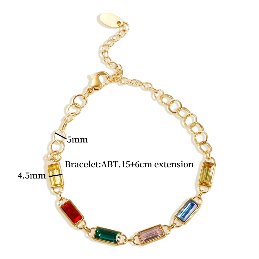 Colorful Crystal Rectangle Pendant Necklace Set Rainbow Cz Bracelet - Guangzhou Mingshixuan Jewellery CO.,Ltd