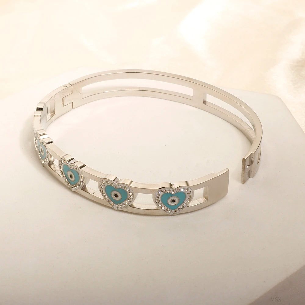 Heart Evil Eye Charm Bangles Hollow Crystal Enamel Bracelets Jewelry