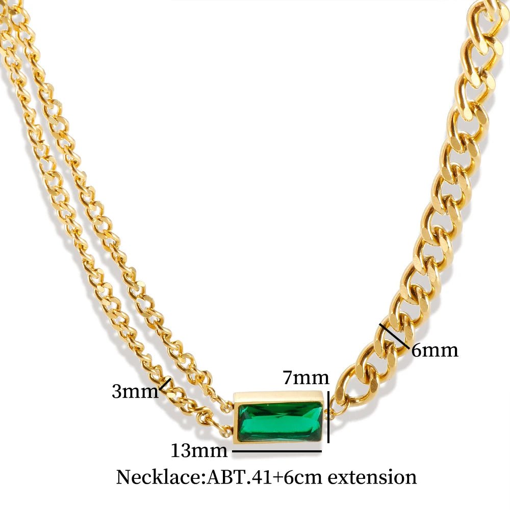 Stainless Steel Fashion Link Chain Necklace Exquisite Green Zircon Crystal Charm Necklace Jewelry