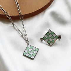 Rhombus Epoxy Enamel Pendant Necklace Brooch Checkerboard Jewelry Set - Guangzhou Mingshixuan Jewellery CO.,Ltd