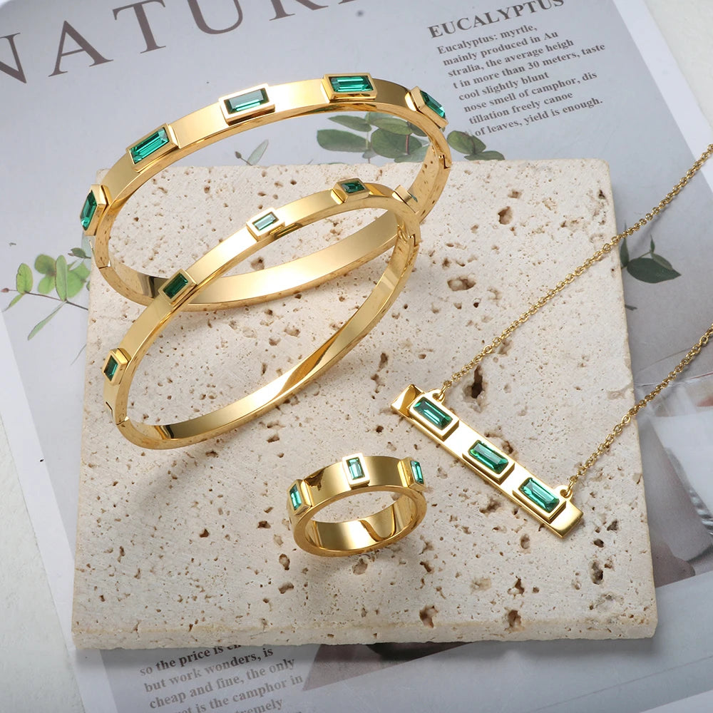 Luxury Square Green Cubic Zirconia Jewelry Set Crystal Cuff Bangle CZ Ring Necklace Jewelry - Guangzhou Mingshixuan Jewellery CO.,Ltd