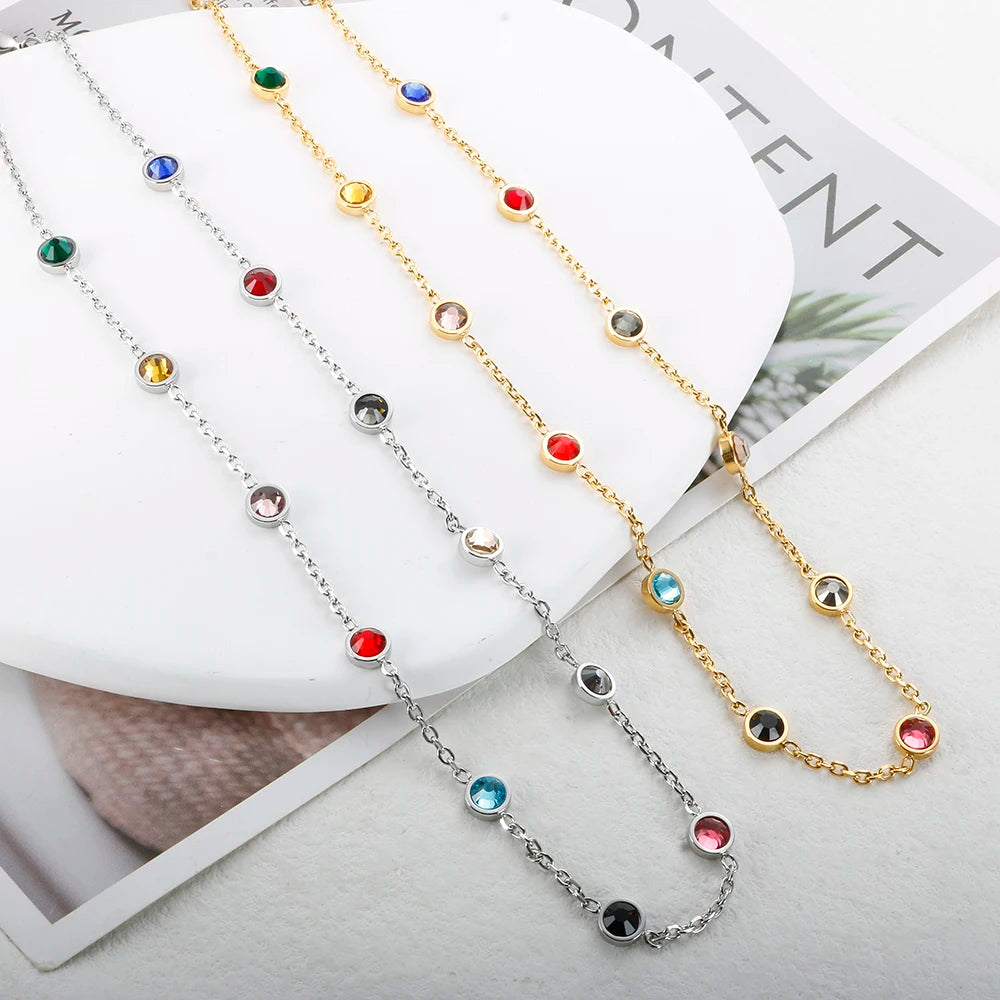 Colorful Cubic Zirconia Chain Necklace Trendy 12 Birthstone Crystal Collar Necklace Jewelry - Guangzhou Mingshixuan Jewellery CO.,Ltd