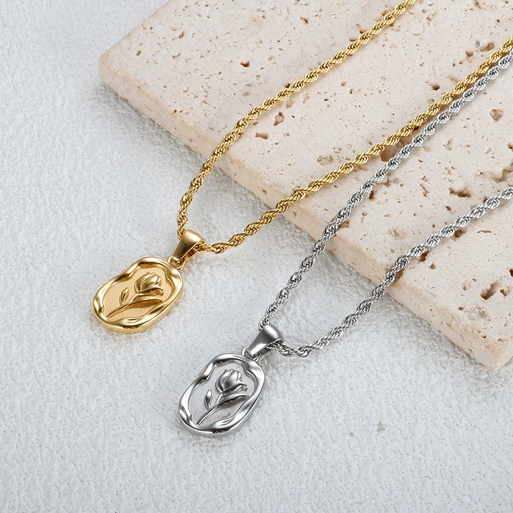 Square Rose Pendant Necklace Fashion Stainless Steel Carved Metal Waterproof Charm Chain Necklace - Guangzhou Mingshixuan Jewellery CO.,Ltd