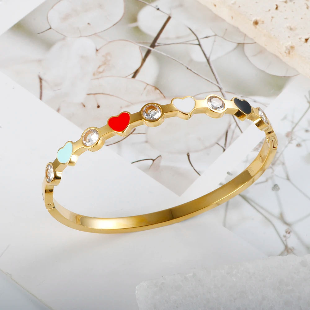 4mm Colorful Heart Enamel Exquisite Bangles Shiny Crystal Bracelet