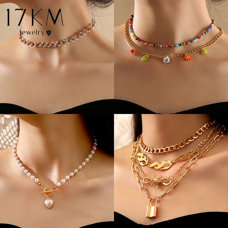 Vintage Gold Plated Necklace Set Bohemian Multilayered Choker for Women Flower Pearl Heart Hollow Necklace Chain Jewelry